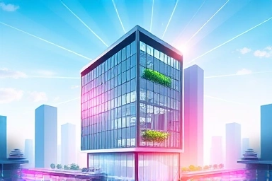 Modern, innovative office building in a futuristic city